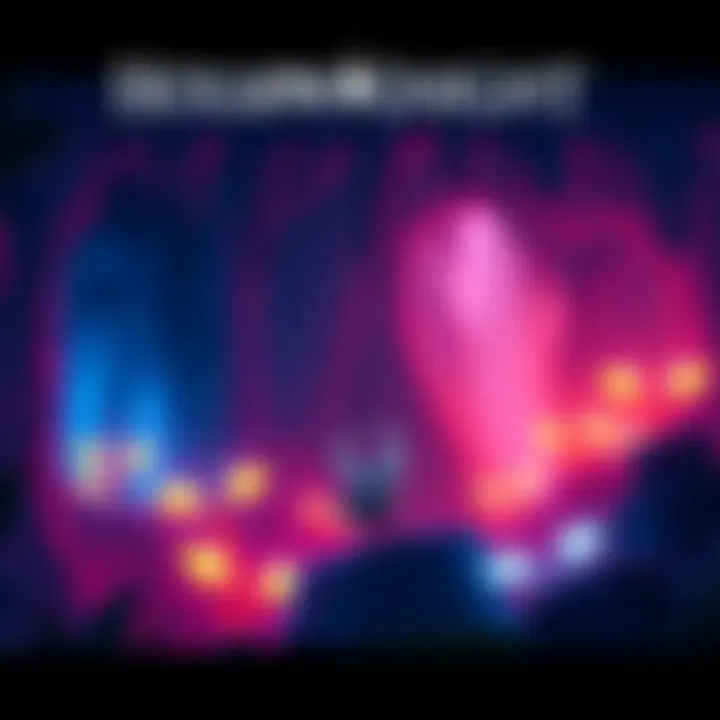 A character from Hollow Knight exploring a dark, enchanted cave filled with glowing plants and enemies.