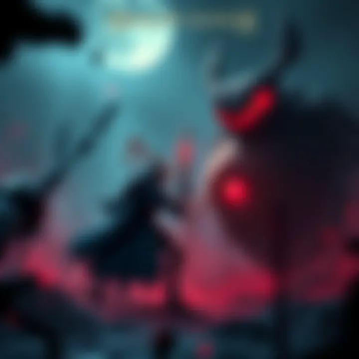A knight-like character with a small sword battling a large insect enemy in a dark, atmospheric setting