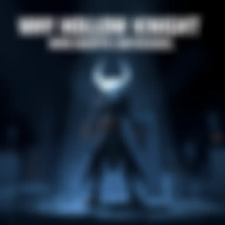 The main character from Hollow Knight stands in a shadowy setting, showcasing its unique design against a mysterious backdrop with platform elements around.