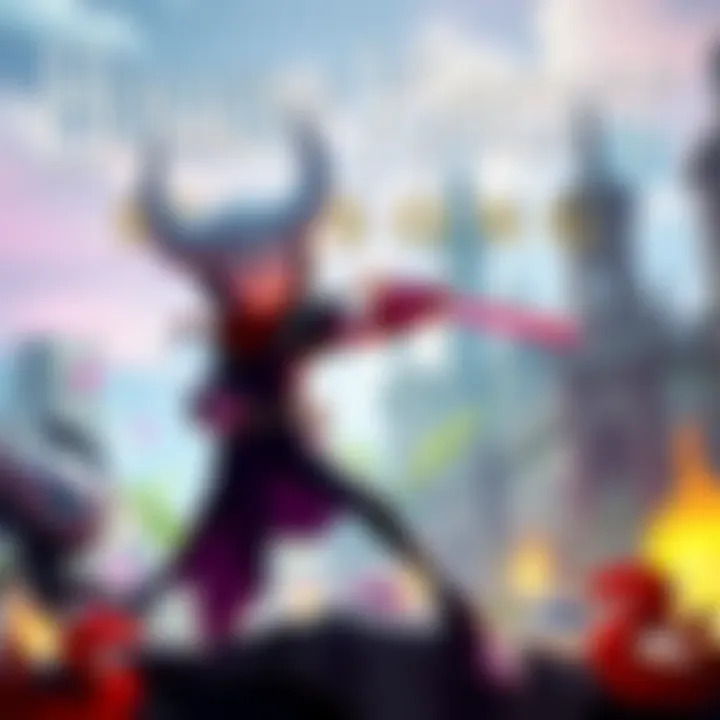 A character from Hollow Knight: Silksong in an action pose within a vibrant game world