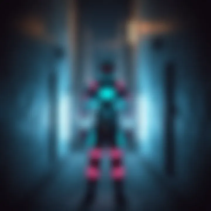 A figure resembling Hologram Man, dressed in a futuristic outfit, stands in a shadowy alley, looking confused and lost in thought.