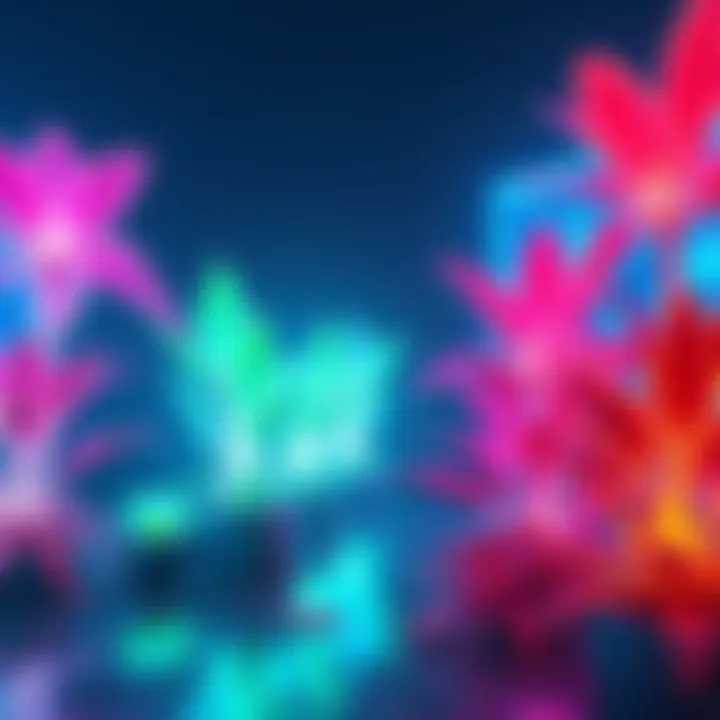 Colorful hologram plants glowing next to Verd-e in a dormazone setting