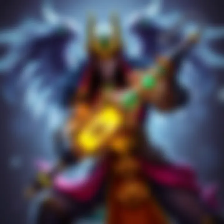 An in-game visual of Dawnbreaker wielding a Holy Locket and Aghanim's Scepter, highlighting the items' effects and gameplay elements.