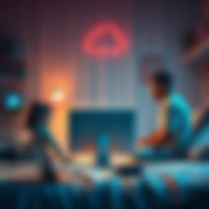 A family setting up a personal cloud system at home with a computer and various devices around them.