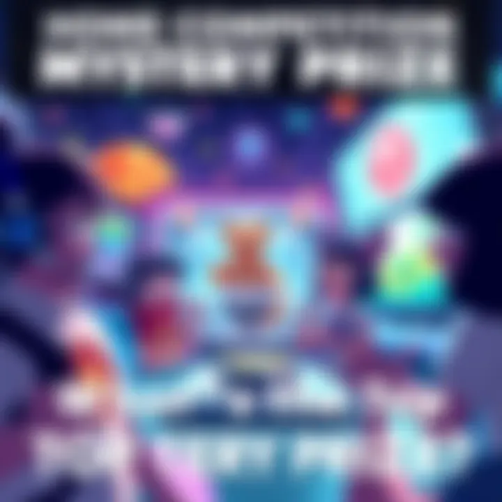 Home Competition Mystery Prize A digital illustration of a colorful game environment with characters looking excited about an unknown prize, featuring an animal buddy concept