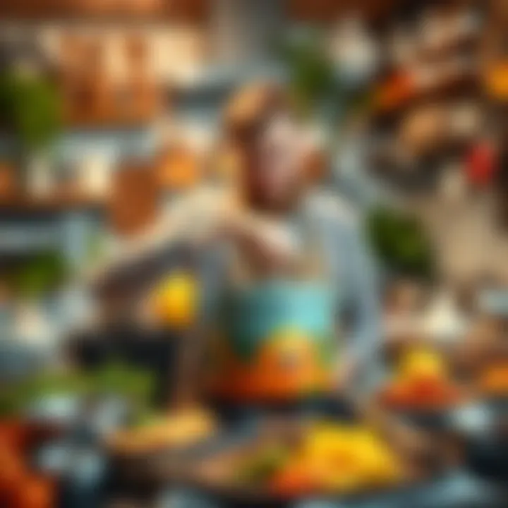 A person stirring a colorful pot in a cozy kitchen filled with interesting cooking tools and ingredients