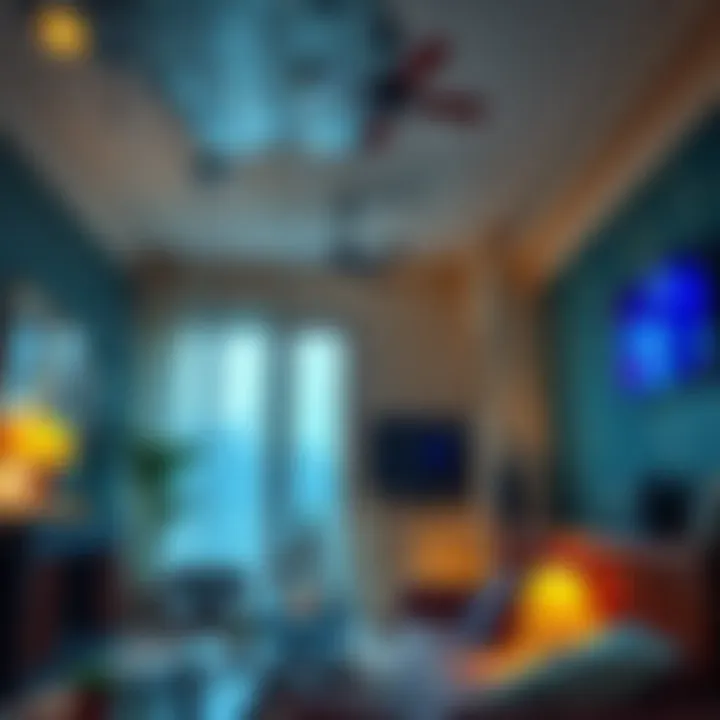 Home Damaged by Rain Interior view of a home with water leaking from the ceiling, damaging lights and electronics.