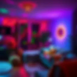 A cozy living room transformed into a dance party with colorful lights and decorations, capturing the essence of a Dance Till Dawn experience