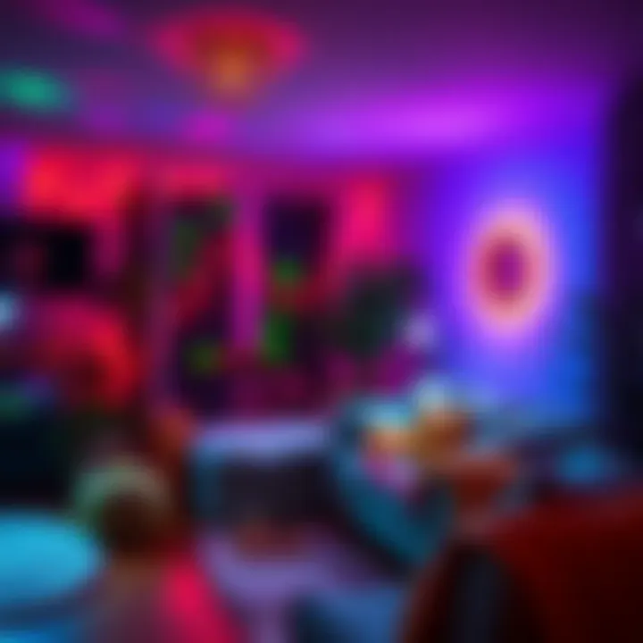 Home Dance Party Setup A cozy living room transformed into a dance party with colorful lights and decorations, capturing the essence of a Dance Till Dawn experience