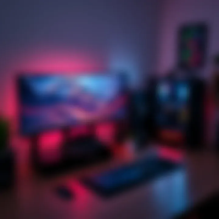 Home office with tech gadgets A home office setup featuring a 4K TV, gaming rig, and mobile phone on a desk, showing the ideal internet speed for single users.