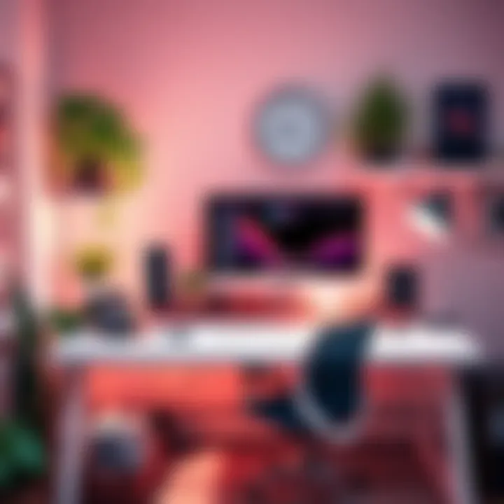 A well-organized home office with a desk, computer, and plants