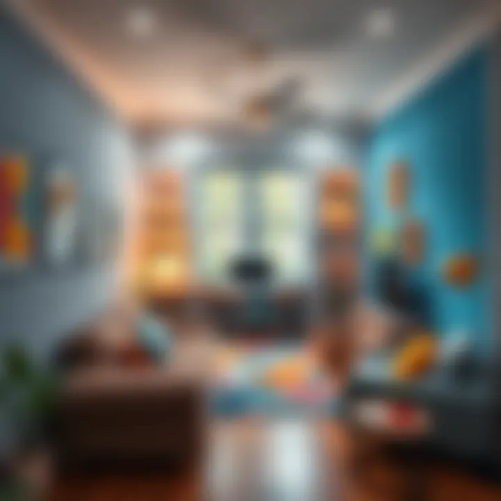 A renovated home office featuring colorful wall decorations and cozy furniture, creating an inviting workspace.