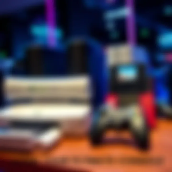 A variety of home and portable gaming consoles on display, including Xbox 360 and Nintendo DS, highlighting their unique designs and game controllers.