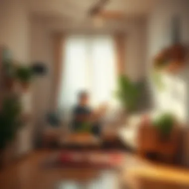 Person upgrading a small home space A person rearranging a room with new furniture and plants, showing the impact of small upgrades on their living space.