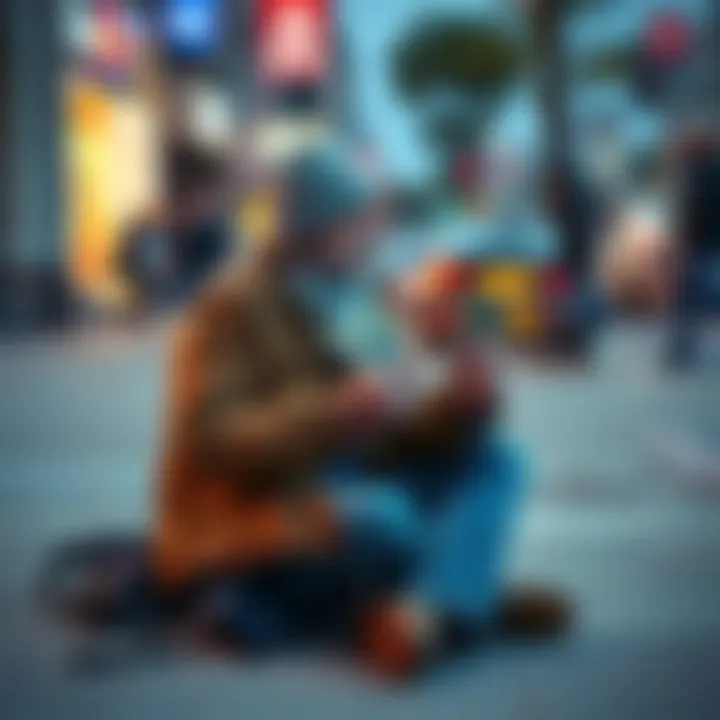 Homeless man receiving money A homeless man sitting on the sidewalk with a few dollar bills in his hands, looking grateful as people pass by.