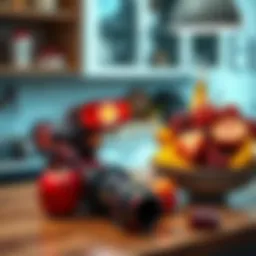 A kitchen counter with a makeshift energy weapon and a bowl of mixed fruits, showing a contrast between advanced DIY projects and simple tasks.