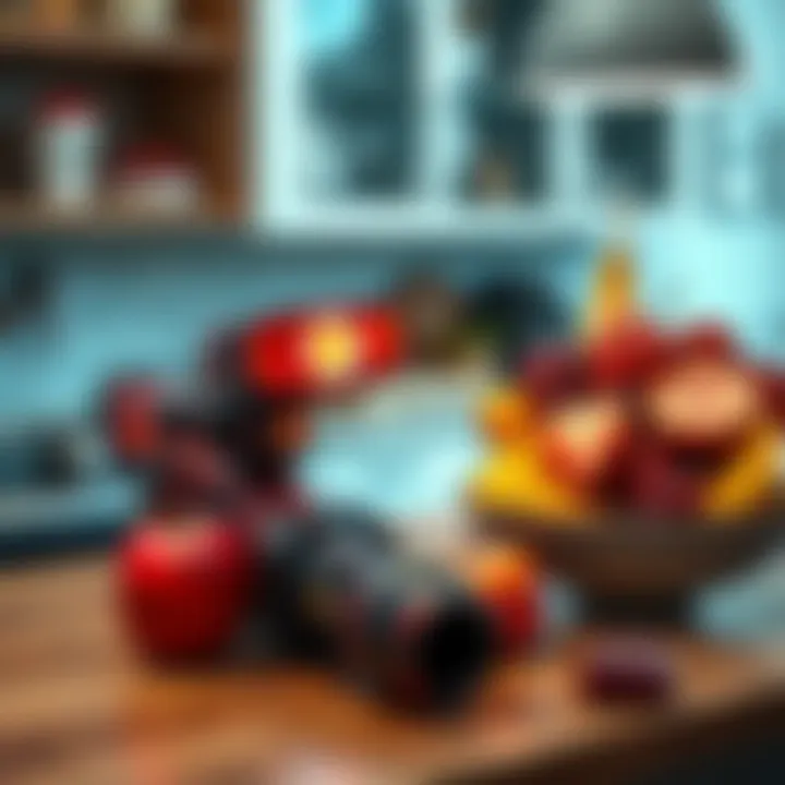 A kitchen counter with a makeshift energy weapon and a bowl of mixed fruits, showing a contrast between advanced DIY projects and simple tasks.