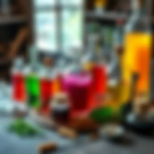 A table with colorful liquids in jars representing health and mana potions, surrounded by herbs and mixing tools.