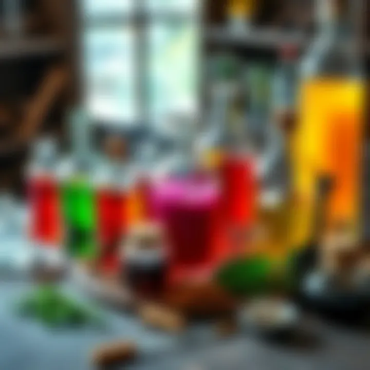 A table with colorful liquids in jars representing health and mana potions, surrounded by herbs and mixing tools.