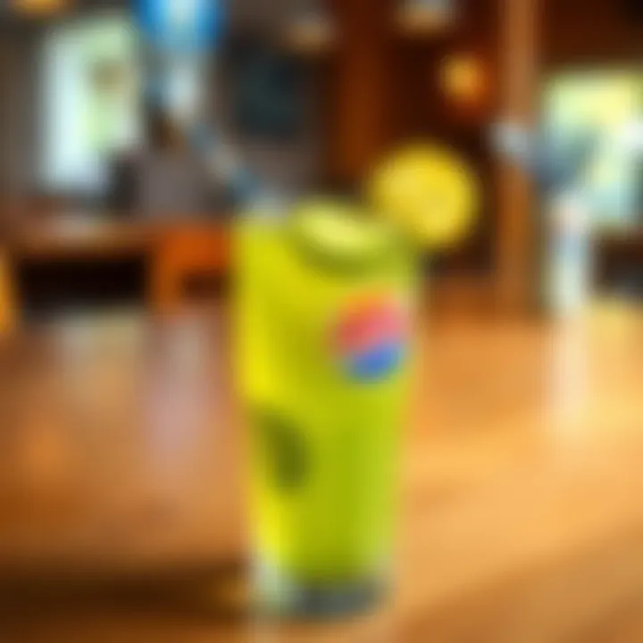 A glass filled with bright green Pickle Pepsi, garnished with pickle slices and a straw, sitting on a wooden table.