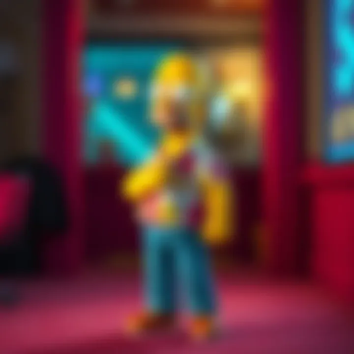 Homer Simpson wearing a colorful shirt and jeans, standing with a playful expression.
