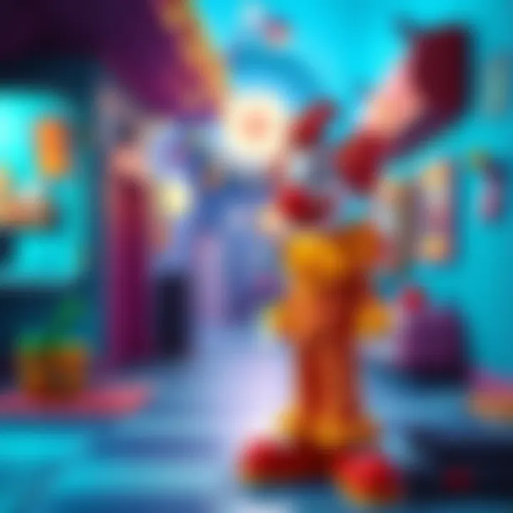 A colorful pixel art scene from the Homey D. Clown game showing the main character, a clown in a vibrant outfit, in an animated setting, capturing a nostalgic vibe of 90s gaming.