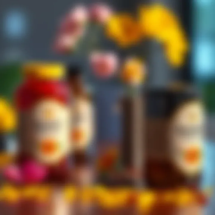 A close-up of Honey Follie's unique product packaging featuring honey and floral designs.