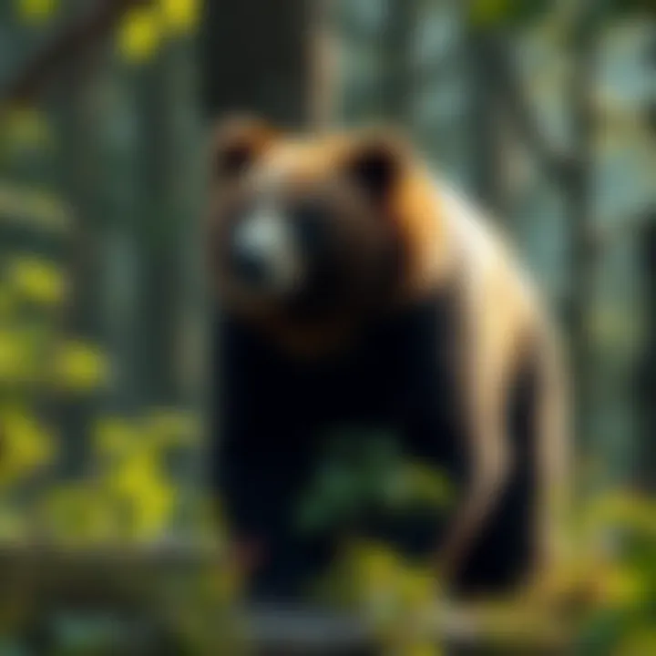 A Honglan bear stands in a lush forest, showcasing its unique features and surrounding biodiversity.