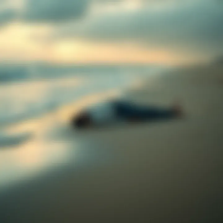 Honor on the Beach A somber scene of a beach where a figure lies on the sand, symbolizing loss and values. Waves gently wash ashore, creating a reflective atmosphere.