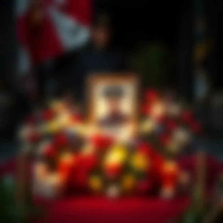 A memorial display with a photo of the commander surrounded by flowers and candles to remember his legacy.