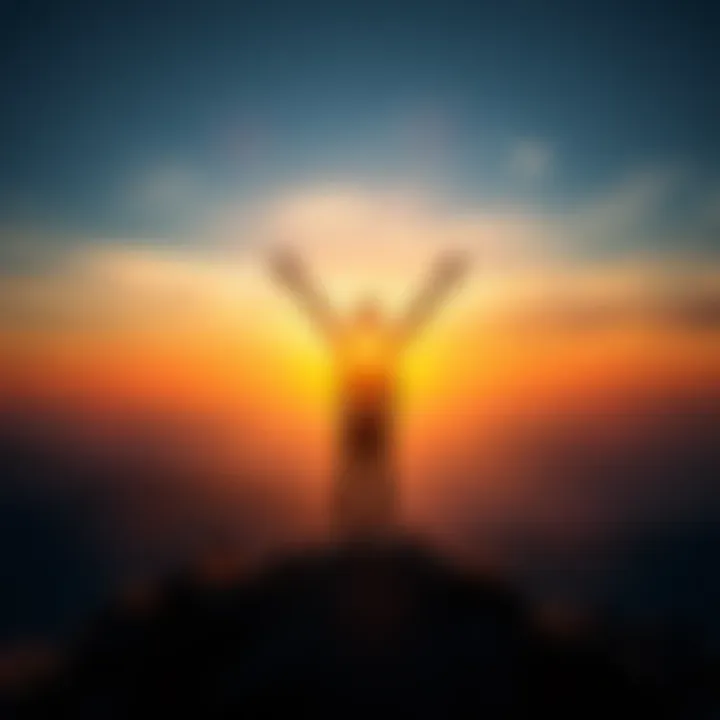 A person with arms raised in joy on a hilltop during sunset, symbolizing hope and optimism.