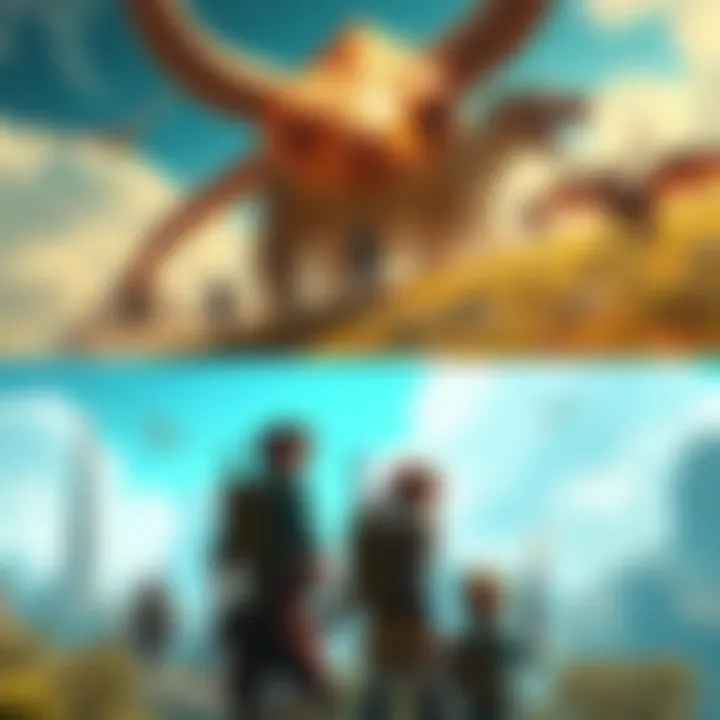 Horizon characters exploring a colorful landscape with various environments and creatures, showcasing diversity and adventure.