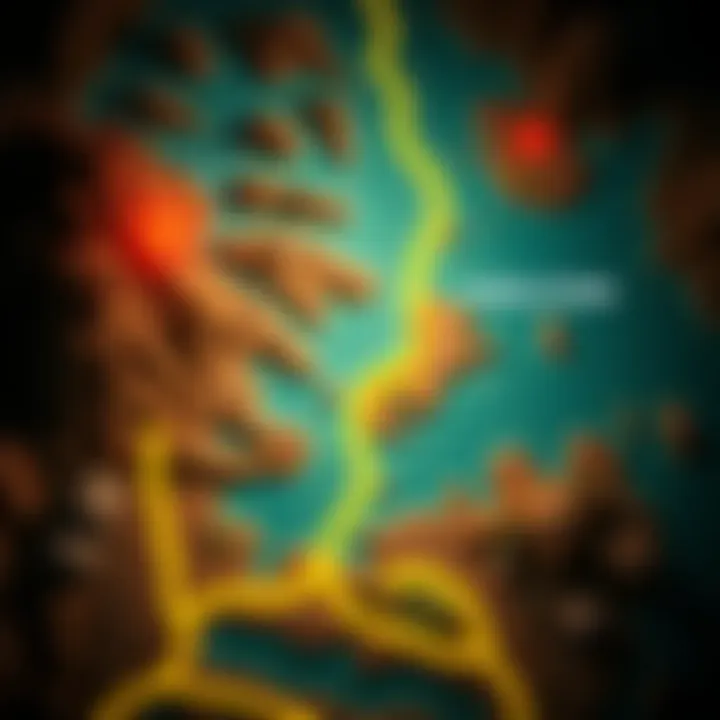 A screenshot of the Horizon Forbidden West game map showing a yellow path guiding to quest locations