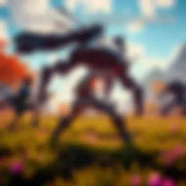 A scene showing intense combat in Horizon Zero Dawn, featuring a character battling a giant mechanical creature in a lush, vibrant environment.