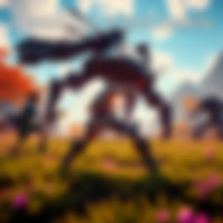 A scene showing intense combat in Horizon Zero Dawn, featuring a character battling a giant mechanical creature in a lush, vibrant environment.