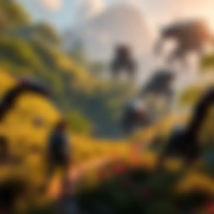 A character exploring a lush environment filled with robotic creatures in Horizon Zero Dawn