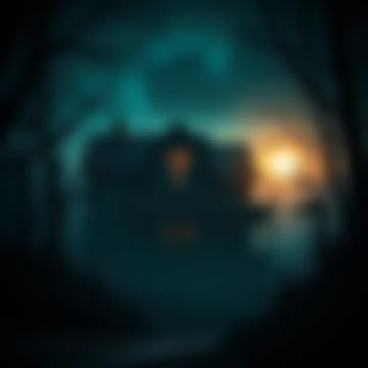 A dark, eerie scene showing a haunted house with shifting shadows and a hint of a bright, colorful landscape emerging in the background, symbolizing genre transformation.