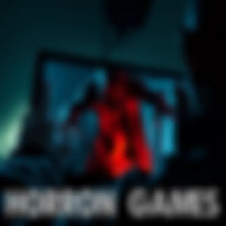 A tense player jumps back in surprise while playing a horror game, with a dark game scene on the screen showing a frightening character looming in the shadows.