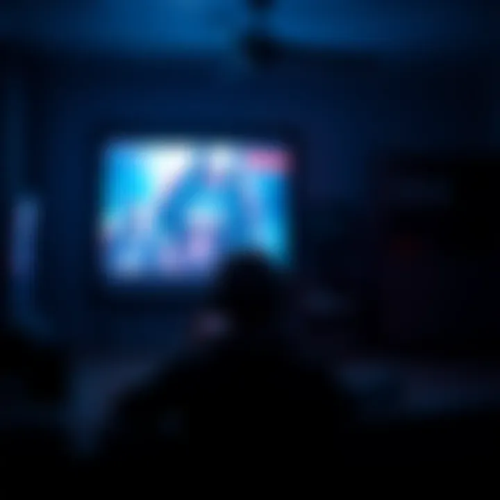 Person playing horror game alone at night A gamer sits alone in a dark room, focused on the screen while playing a horror game, with shadows creating an eerie atmosphere.