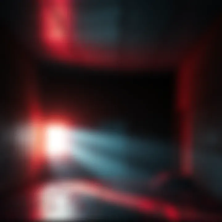 A dark room filled with eerie shadows and a glowing portal, representing a horror puzzle game environment.