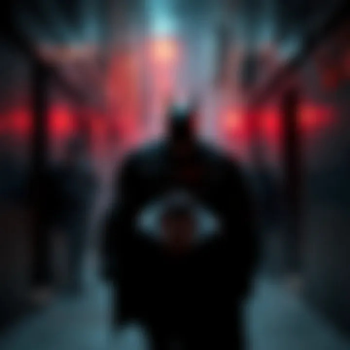 A dark scene with a shadowy figure of Batman pursuing a frightened person through an alley, while police officers and henchmen are visible in the background.