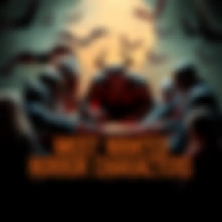 A group of horror characters in a circle discussing who should be added, with spooky elements like bats and cobwebs around them.