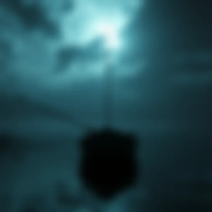 A dark, eerie lake with a fishing boat in the foreground and shadows lurking in the water