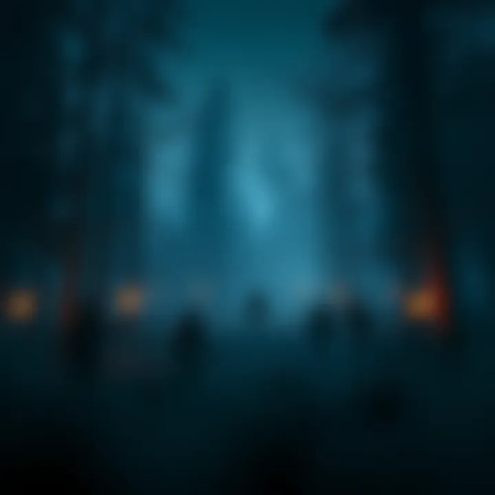Horror FPS Game with Cult Themes A dark forest scene with a mysterious cult gathering under flickering torches, surrounded by ominous shadows and eerie fog.