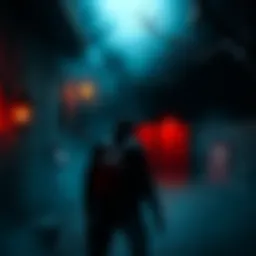 A dark, eerie scene showing a player in a chilling game environment with unsettling animations and spooky elements