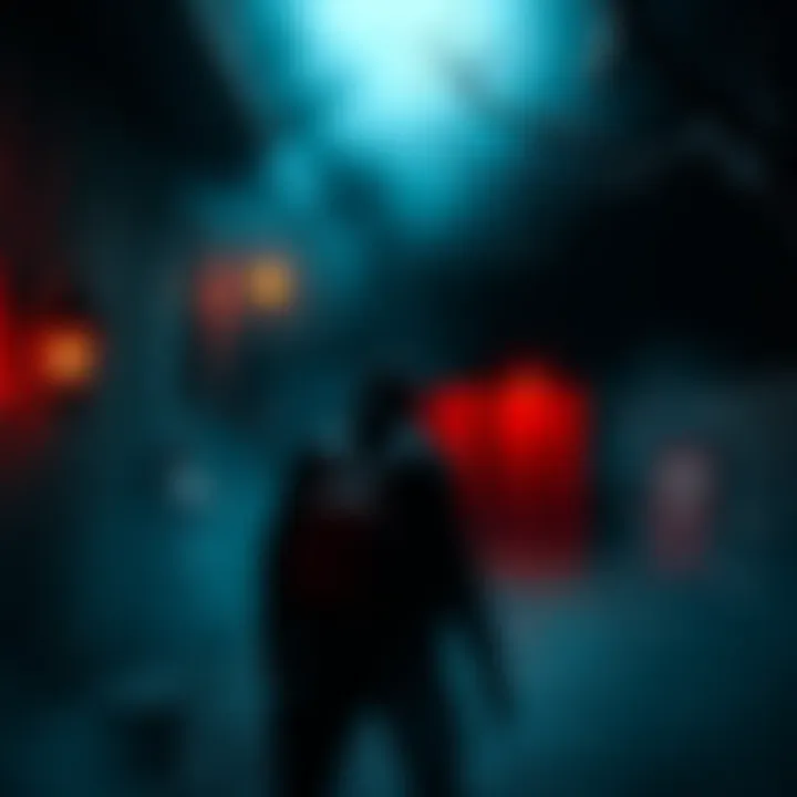 Horror Game Atmosphere A dark, eerie scene showing a player in a chilling game environment with unsettling animations and spooky elements
