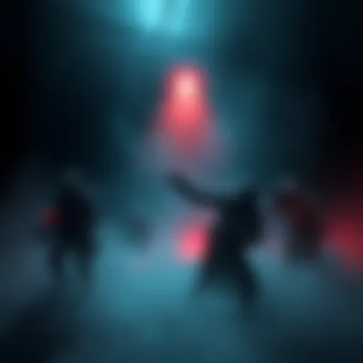 A dark, eerie game scene with shadowy figures, unsettling sounds, and a foggy environment, creating a feeling of fear and suspense.