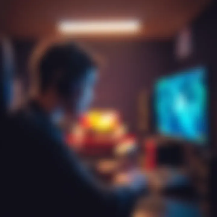 A gaming setup featuring a player wearing headphones, intently focusing on a horror game, with spooky visuals on the screen and dim lighting creating an eerie atmosphere.