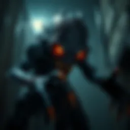 A menacing character from a horror game, with glowing eyes and sharp claws, lurking in a dark and haunted environment, creating a sense of fear and unpredictability.