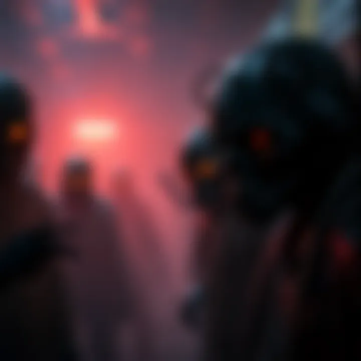 A tense moment in a horror game featuring a cybernetic cult, showcasing dark characters with glowing eyes in a dimly lit environment.